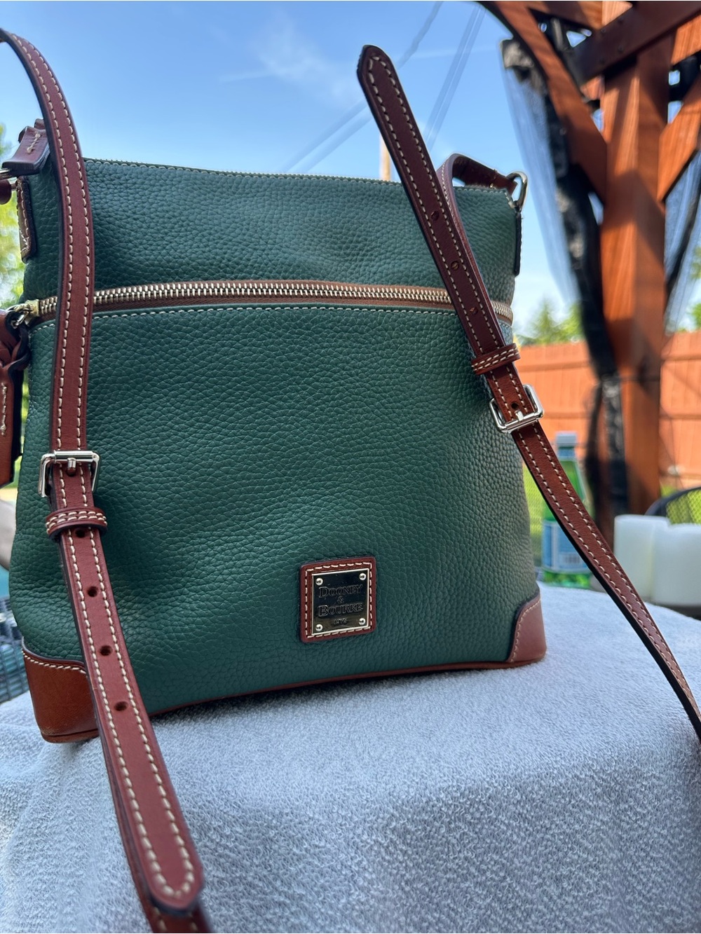 Dooney & Bourke Forest Green Pebbled Leather Crossbody with Brown Trim